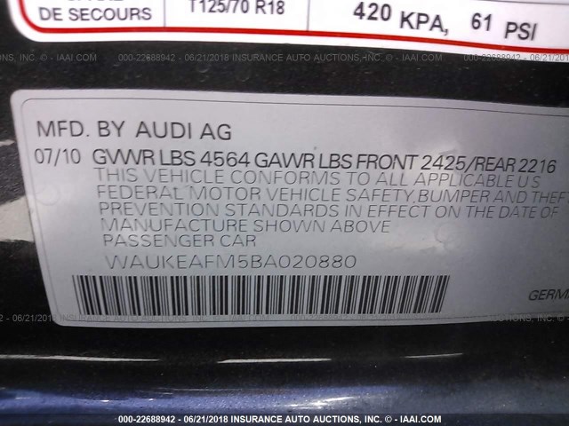 WAUKEAFM5BA020880 - 2011 AUDI A3 PREMIUM PLUS BLACK photo 9