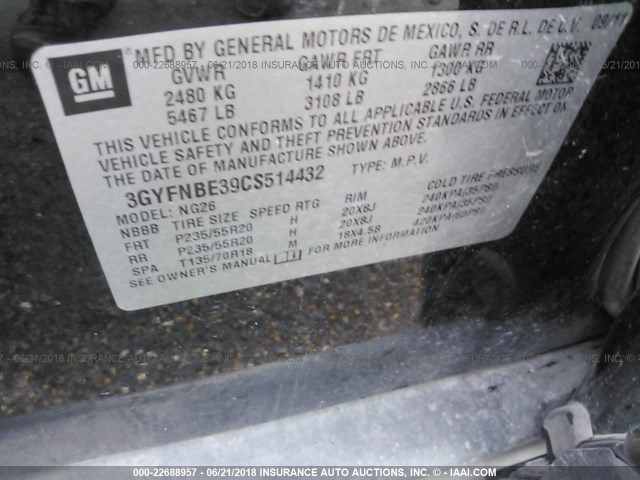 3GYFNBE39CS514432 - 2012 CADILLAC SRX PERFORMANCE COLLECTION Қара фото 9