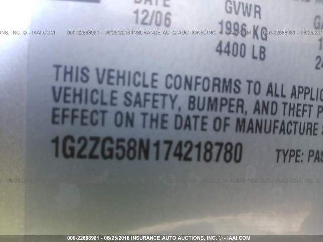 1G2ZG58N174218780 - 2007 PONTIAC G6 SE SILVER photo 9