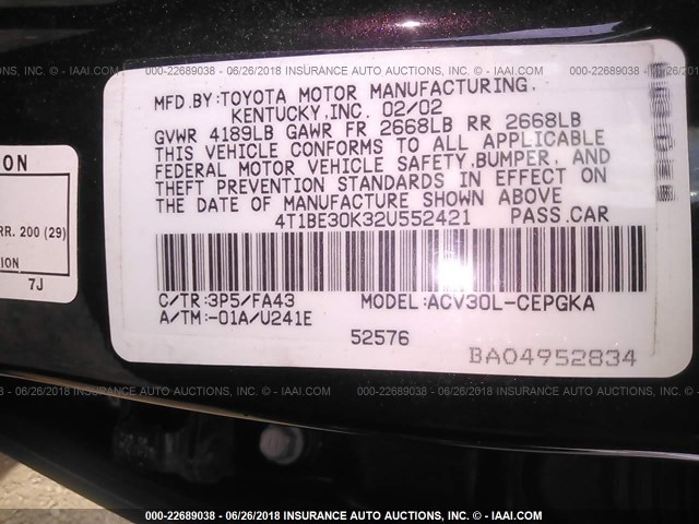 4T1BE30K32U552421 - 2002 TOYOTA CAMRY LE/XLE/SE BLACK photo 9