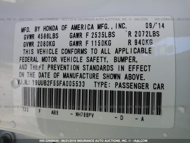 19UUB2F55FA005533 - 2015 ACURA TLX TECH WHITE photo 9