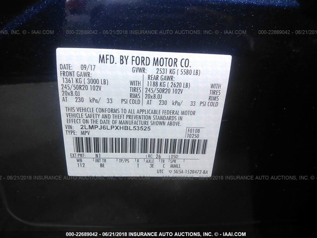 2LMPJ6LPXHBL53525 - 2017 LINCOLN MKX RESERVE Կապույտ լուսանկար 9