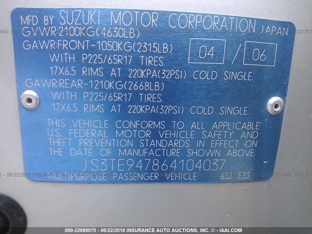 JS3TE947864104037 - 2006 SUZUKI GRAND VITARA LUXURY SILVER photo 9