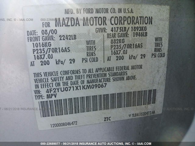 4F2YU071X1KM09067 - 2001 MAZDA TRIBUTE DX 银色 照片 9