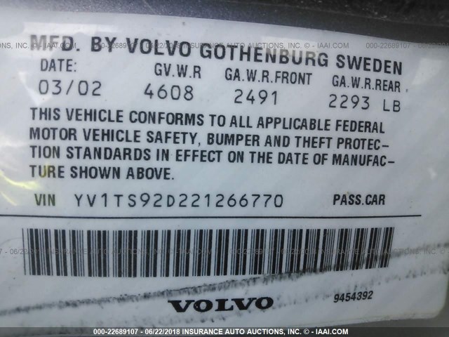 YV1TS92D221266770 - 2002 VOLVO S80 SILVER photo 9