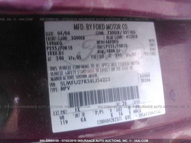 5LMFU27R34LJ34223 - 2004 LINCOLN NAVIGATOR 勃艮第红 照片 9