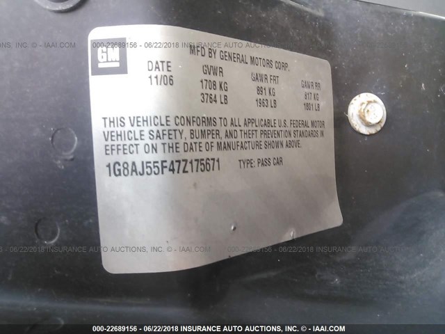 1G8AJ55F47Z175671 - 2007 SATURN ION LEVEL 2 WHITE photo 9