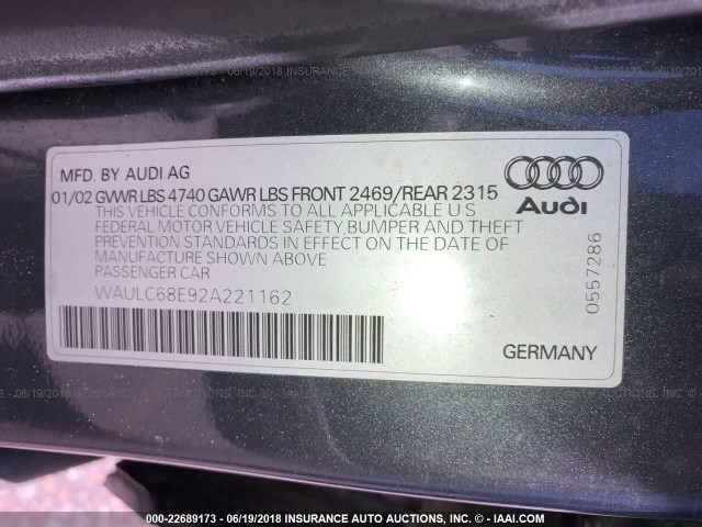 WAULC68E92A221162 - 2002 AUDI A4 1.8T QUATTRO Pewter photo 9