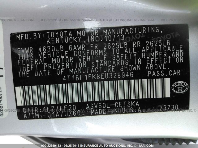 4T1BF1FK8EU328946 - 2014 TOYOTA CAMRY L/SE/LE/XLE ვერცხლისფერი ფოტო 9