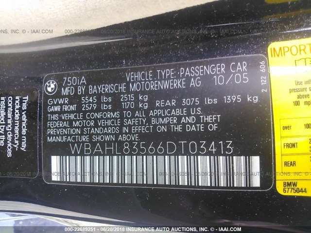 WBAHL83566DT03413 - 2006 BMW 750 I Dark Blue photo 9