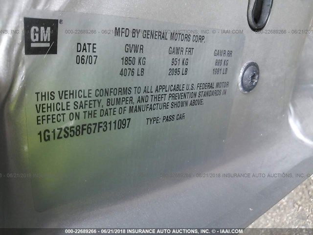 1G1ZS58F67F311097 - 2007 CHEVROLET MALIBU LS SILVER photo 9