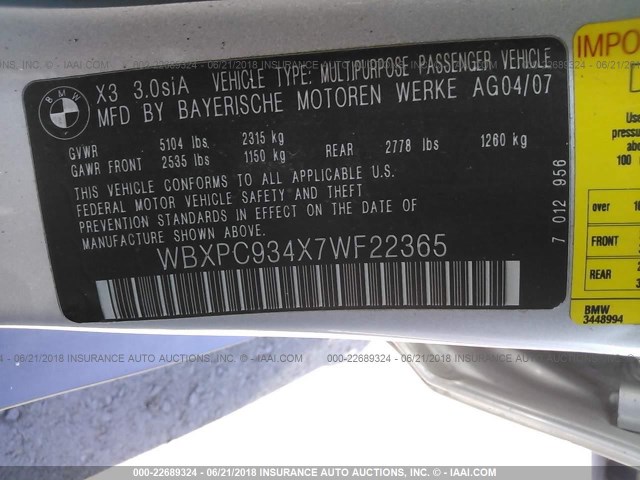 WBXPC934X7WF22365 - 2007 BMW X3 3.0SI SILVER photo 9