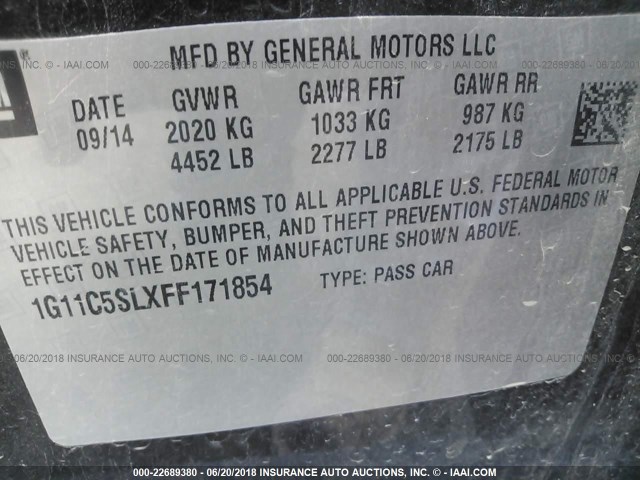 1G11C5SLXFF171854 - 2015 CHEVROLET MALIBU 1LT 黑色 照片 9