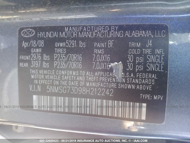 5NMSG73D98H212242 - 2008 HYUNDAI SANTA FE GLS GRAY photo 9