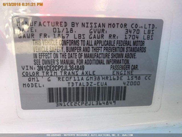 3N1CE2CP2JL364849 - 2018 NISSAN VERSA NOTE S/S PLUS/SV/SL/SR WHITE photo 17