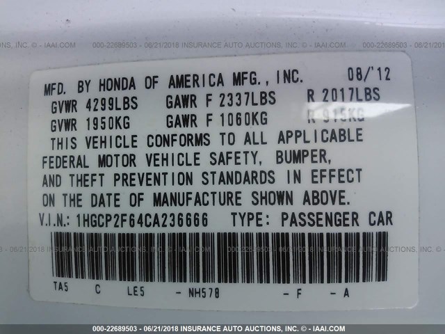 1HGCP2F64CA236666 - 2012 HONDA ACCORD SE WHITE photo 9