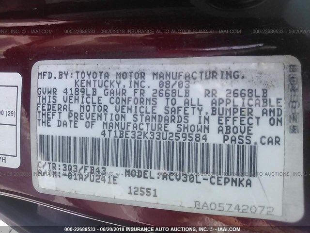 4T1BE32K33U259584 - 2003 TOYOTA CAMRY LE/XLE/SE 栗色 照片 9