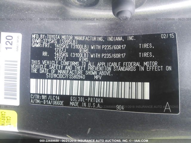 5TDYK3DC7FS580940 - 2015 TOYOTA SIENNA XLE/LIMITED GRAY photo 9