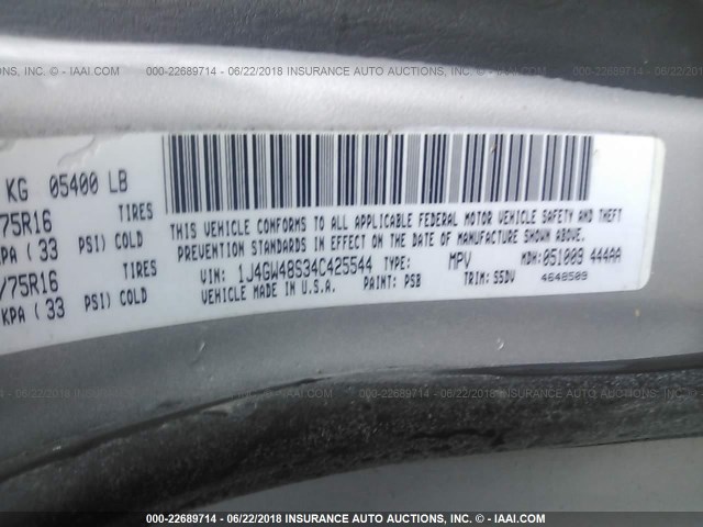 1J4GW48S34C425544 - 2004 JEEP GRAND CHEROKEE LAREDO/COLUMBIA/FREEDOM 银色 照片 9