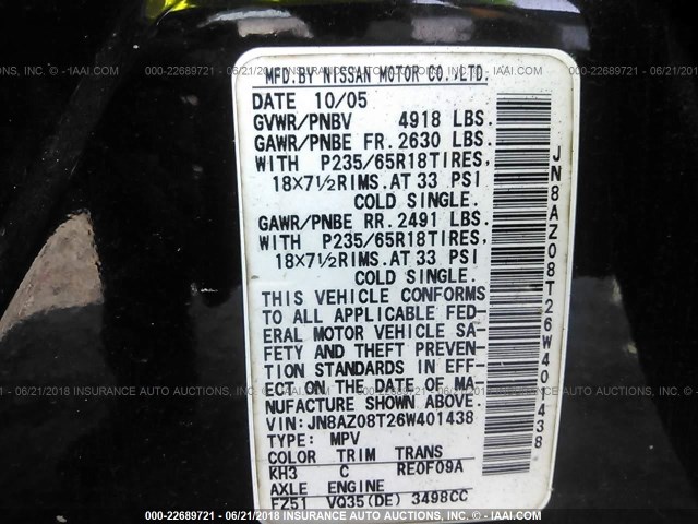 JN8AZ08T26W401438 - 2006 NISSAN MURANO SL/SE/S BLACK photo 9