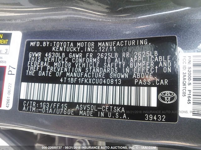 4T1BF1FKXCU040813 - 2012 TOYOTA CAMRY SE/LE/XLE 灰色 照片 9