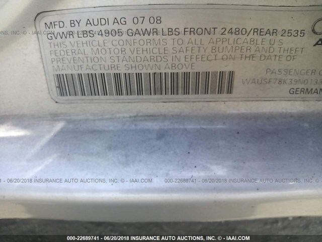 WAUSF78K39N013330 - 2009 AUDI A4 PREMIUM PLUS SILVER photo 9