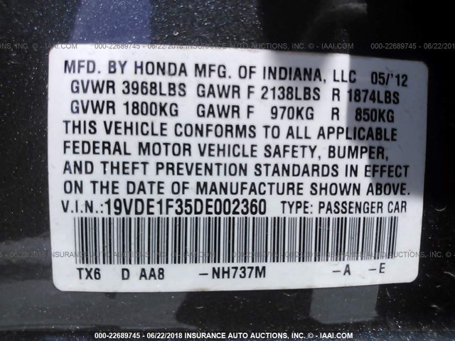 19VDE1F35DE002360 - 2013 ACURA ILX 20 GRAY photo 9