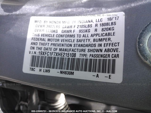 19XFC1F7XHE215108 - 2017 HONDA CIVIC EXL 银色 照片 9
