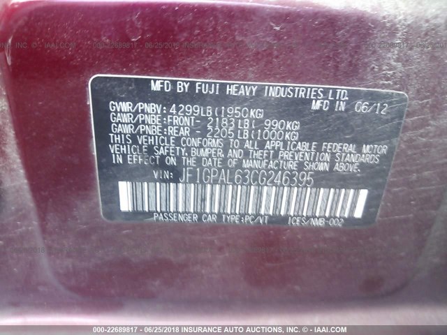 JF1GPAL63CG246395 - 2012 SUBARU IMPREZA SPORT PREMIUM MAROON photo 9