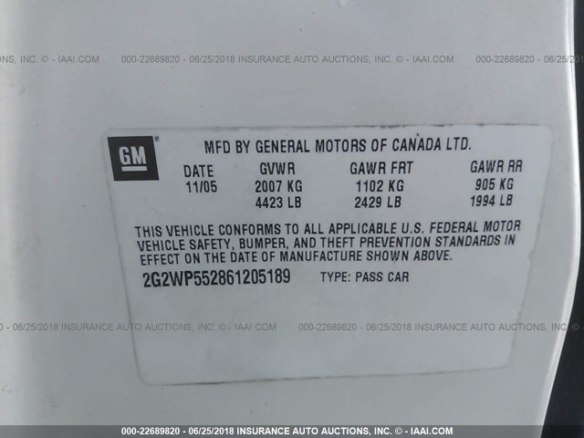 2G2WP552861205189 - 2006 PONTIAC GRAND PRIX WHITE photo 9