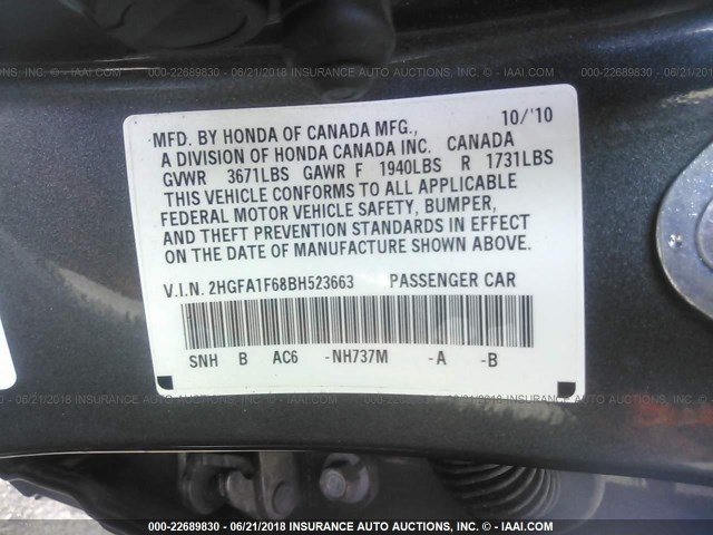 2HGFA1F68BH523663 - 2011 HONDA CIVIC LX-S 灰色 照片 9