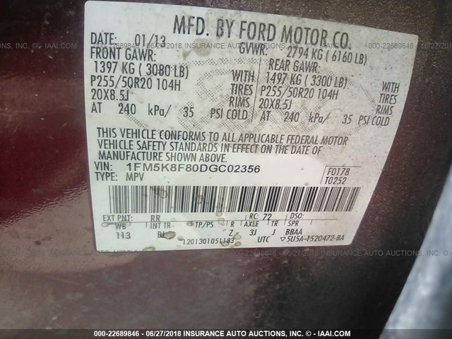 1FM5K8F80DGC02356 - 2013 FORD EXPLORER LIMITED RED photo 9