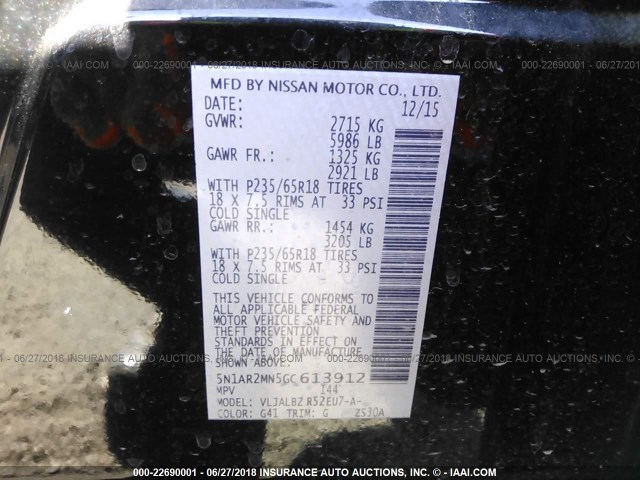 5N1AR2MN5GC613912 - 2016 NISSAN PATHFINDER S/SV/SL/PLATINUM 黑色 照片 9