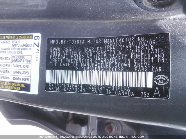 2T1LR32E06C560628 - 2006 TOYOTA COROLLA MATRIX XR GRAY photo 9