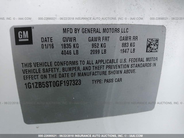 1G1ZB5ST0GF197323 - 2016 CHEVROLET MALIBU LS თეთრი ფოტო 9