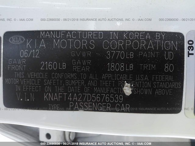 KNAFT4A27D5676539 - 2013 KIA FORTE LX WHITE photo 9