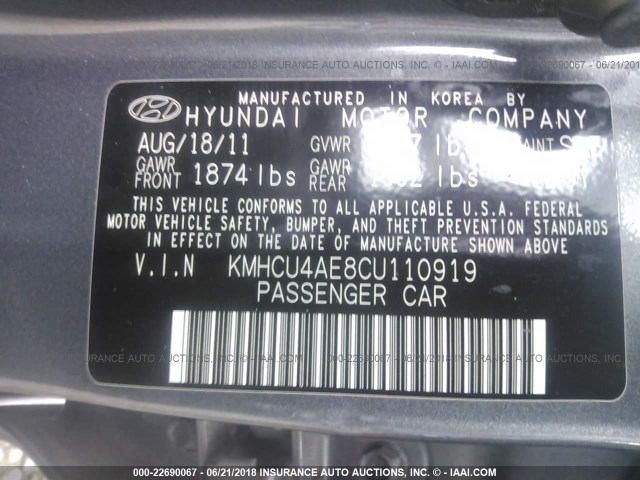 KMHCU4AE8CU110919 - 2012 HYUNDAI ACCENT GLS/GS/SE GRAY photo 9