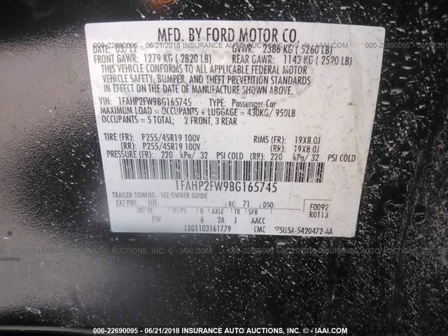 1FAHP2FW9BG165745 - 2011 FORD TAURUS LIMITED BLACK photo 9