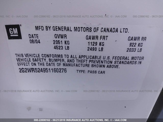 2G2WR524951160276 - 2005 PONTIAC GRAND PRIX GTP WHITE photo 9