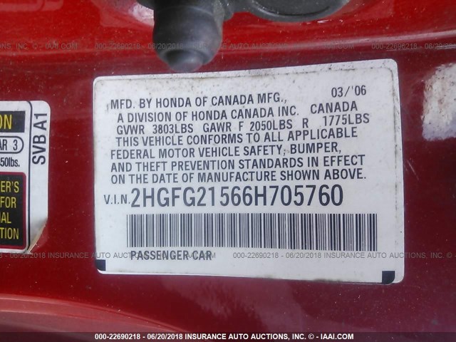 2HGFG21566H705760 - 2006 HONDA CIVIC SI RED photo 9