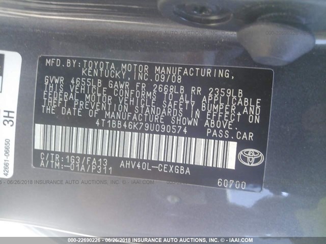 4T1BB46K79U090574 - 2009 TOYOTA CAMRY HYBRID GRAY photo 9