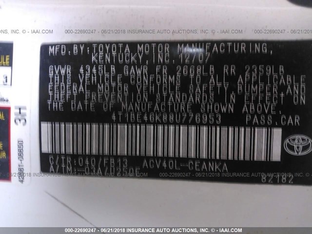 4T1BE46K88U776953 - 2008 TOYOTA CAMRY CE/LE/XLE/SE WHITE photo 9