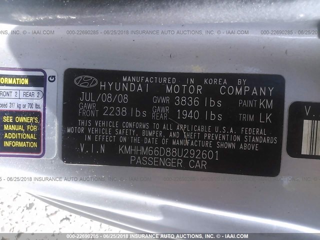 KMHHM66D88U292601 - 2008 HYUNDAI TIBURON GS SILVER photo 9