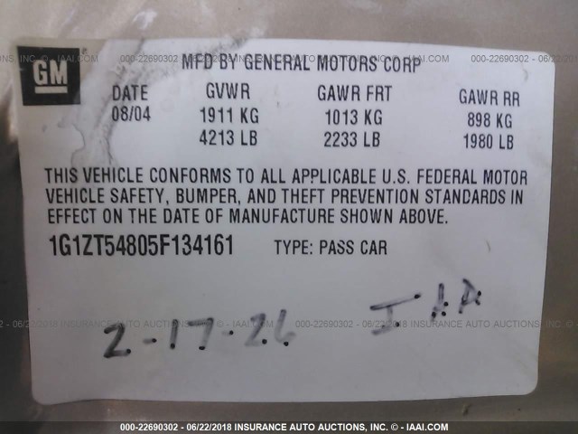 1G1ZT54805F134161 - 2005 CHEVROLET MALIBU LS ოქროსფერი ფოტო 9