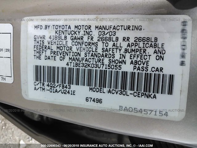 4T1BE32K03U715055 - 2003 TOYOTA CAMRY LE/XLE/SE 棕色 照片 9