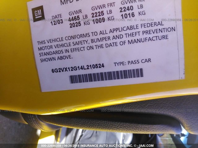 6G2VX12G14L210524 - 2004 PONTIAC GTO YELLOW photo 9