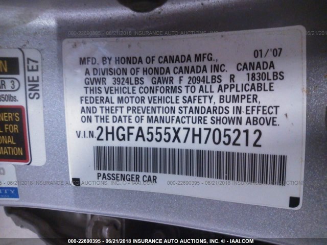 2HGFA555X7H705212 - 2007 HONDA CIVIC SI SILVER photo 9