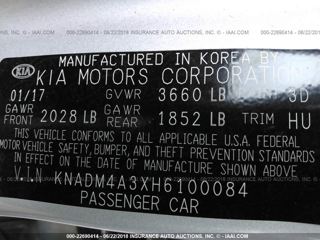 KNADM4A3XH6100084 - 2017 KIA RIO LX SILVER photo 9