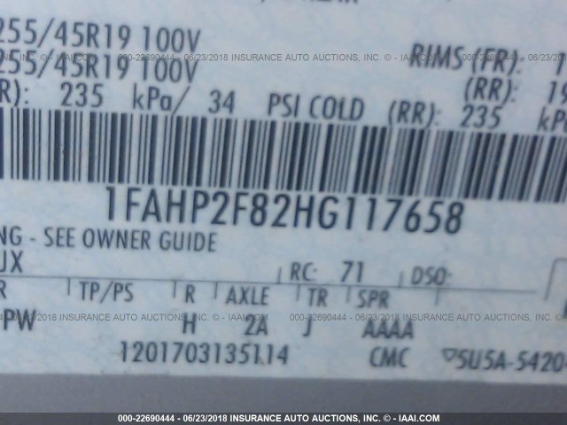 1FAHP2F82HG117658 - 2017 FORD TAURUS LIMITED SILVER photo 9