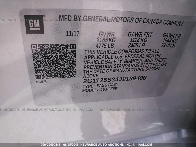 2G1125S34J9139406 - 2018 CHEVROLET IMPALA PREMIER SILVER photo 9